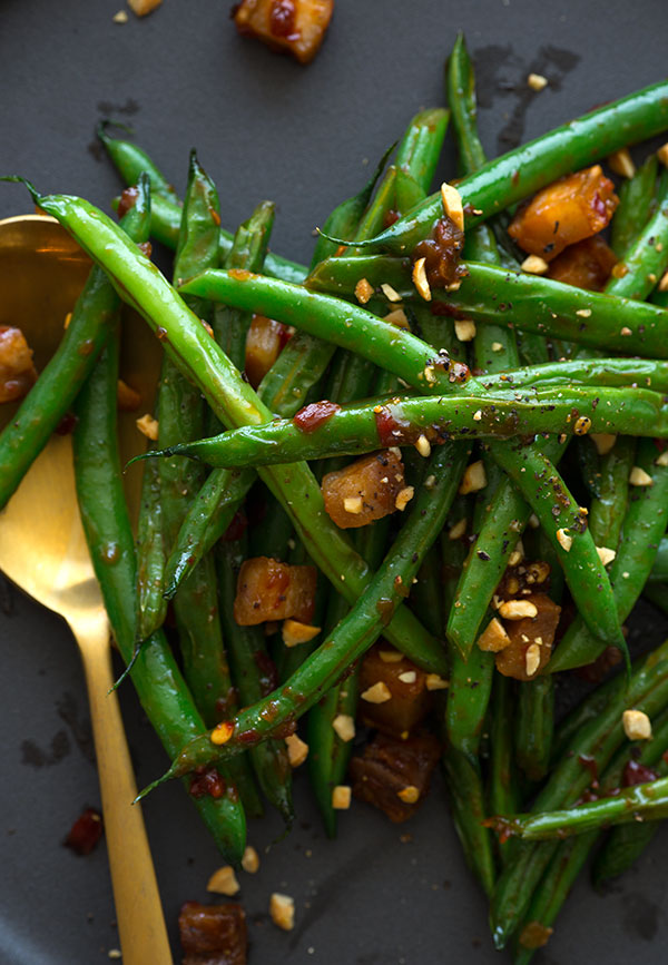 asian-green-beans-pork image with thanks to spoon fork bacon